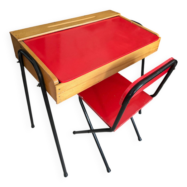 Ensemble bureau et chaise enfant rouge vintage