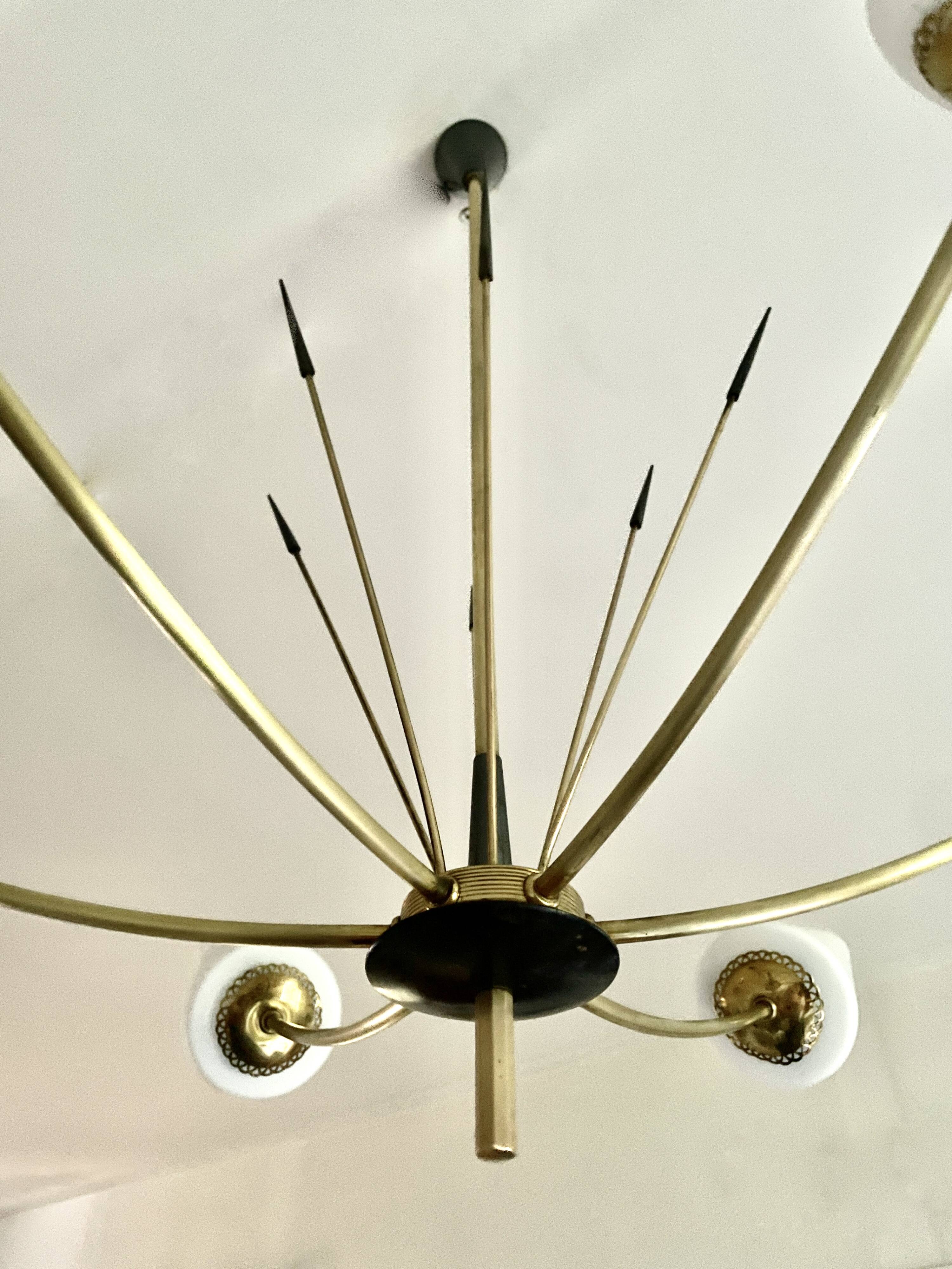 Large chandelier with 6 opaline tulip shades and 6 anthracite points, 1950