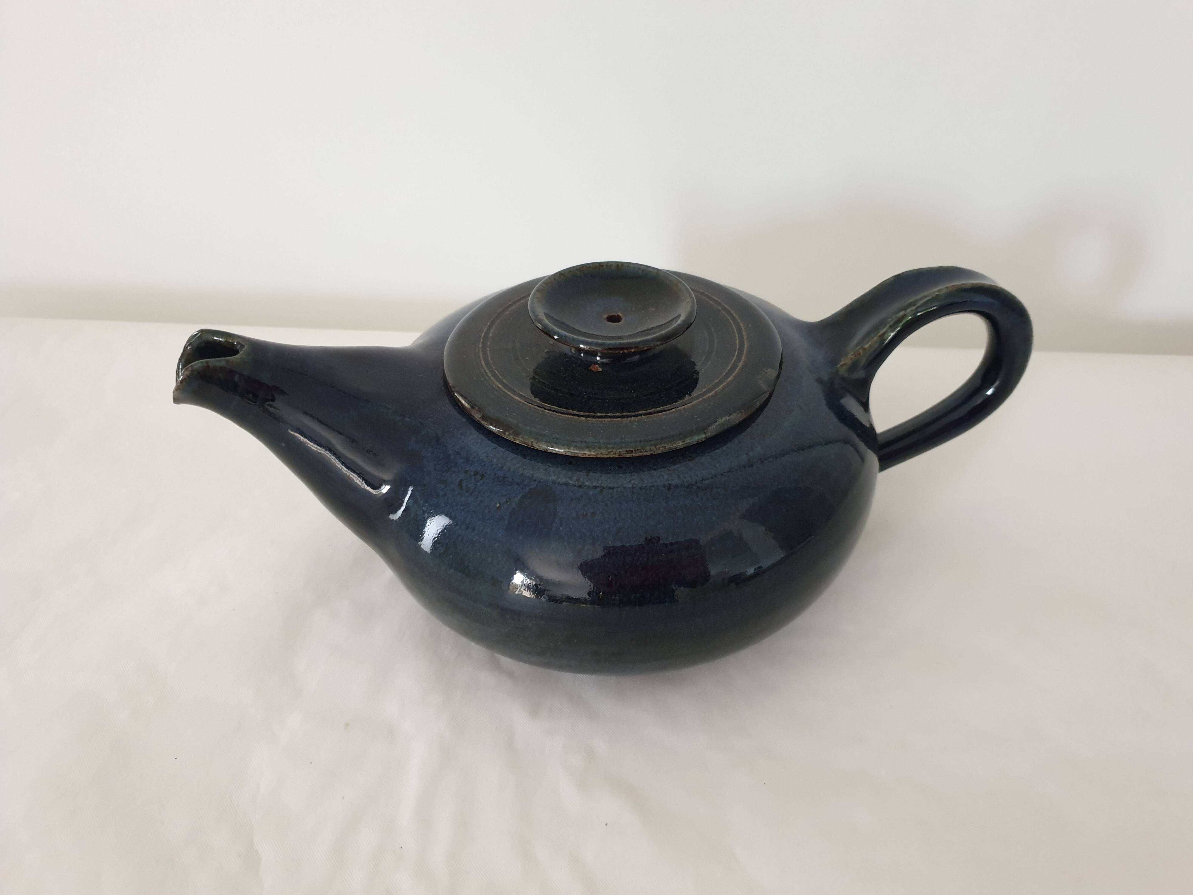 Blue glazed stoneware ceramic teapot Signed Pictogram Signature to identify