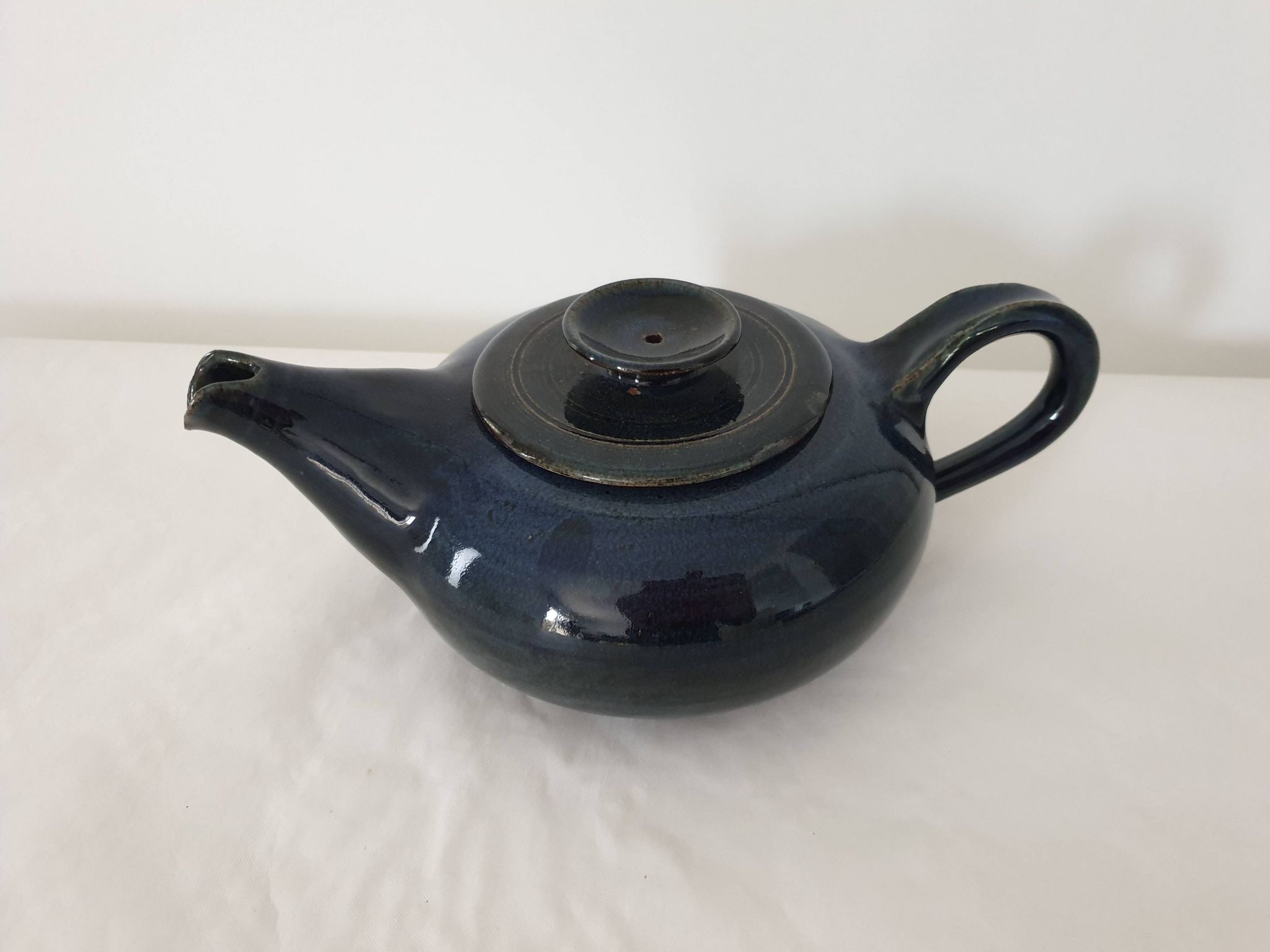 Blue glazed stoneware ceramic teapot Signed Pictogram Signature to identify