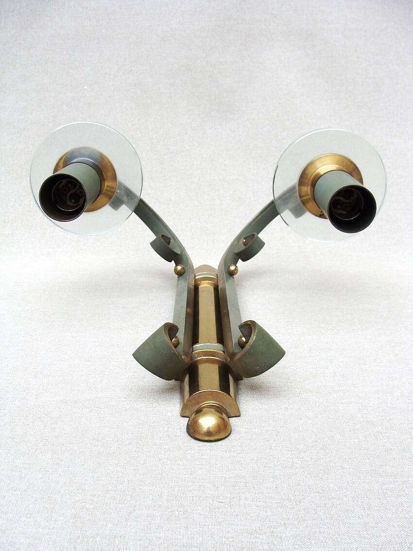 Pair of art deco lacquered metal, brass and glass wall lights