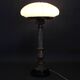 1940s restored brass table lamp with wooden base and glass shade