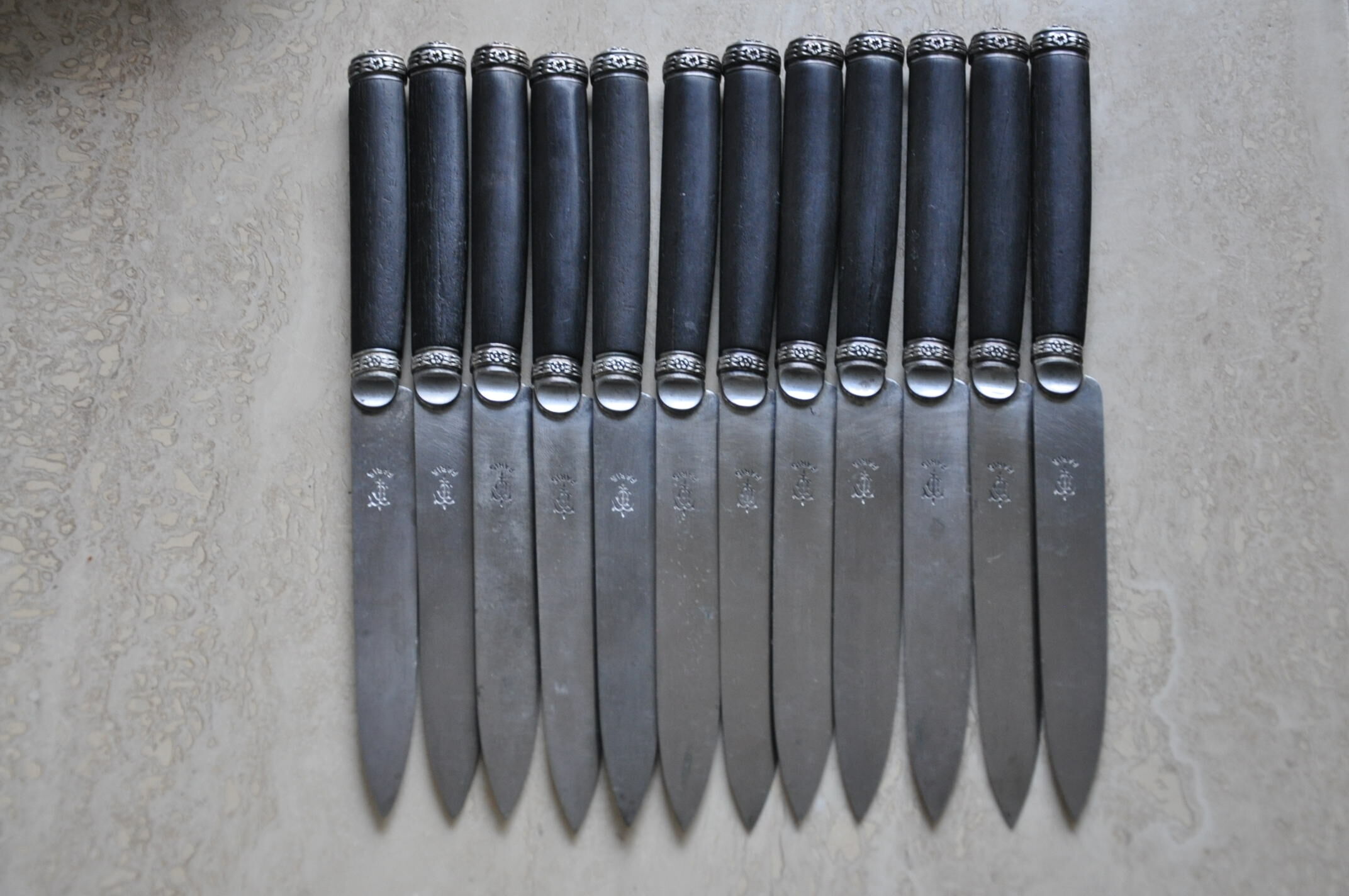12 Antique silver ebony dessert knives
