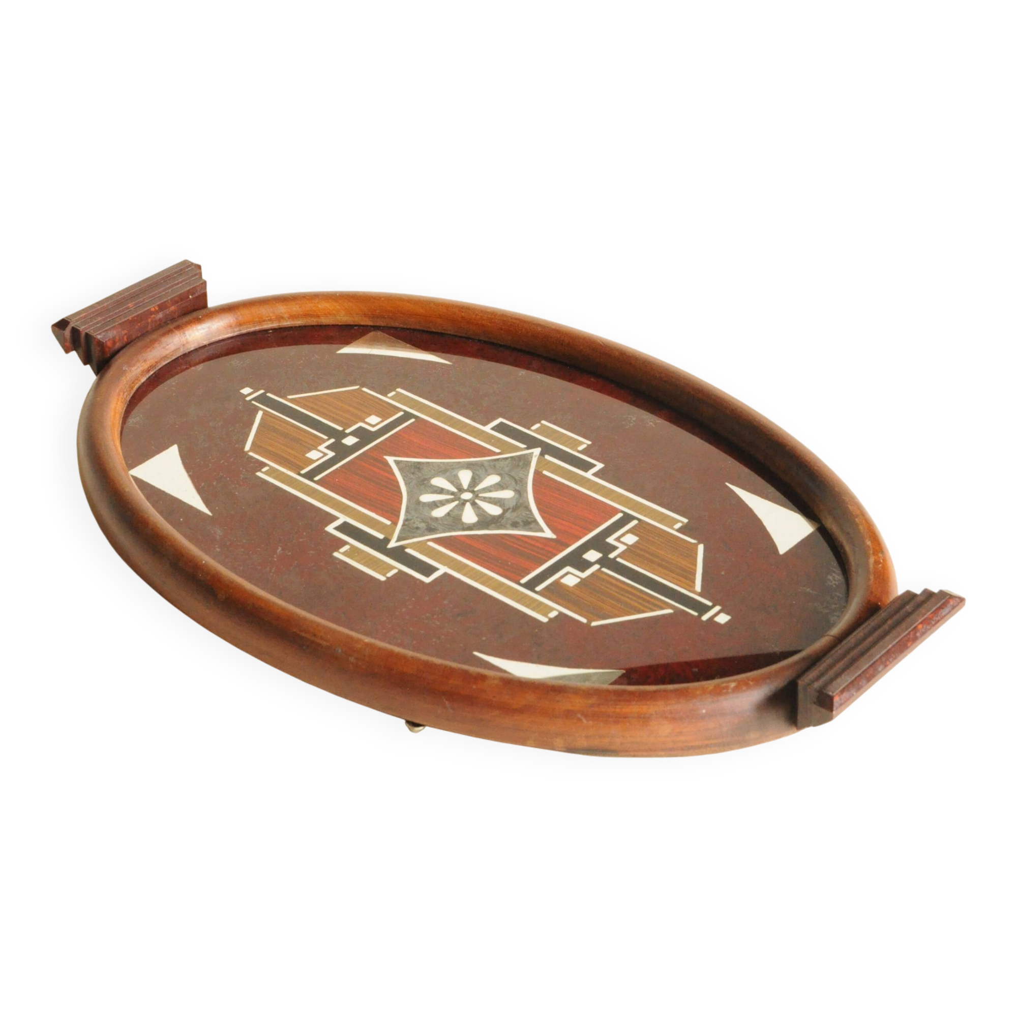 Old Oval Art Deco Wooden Plate - Bakelite Glass - Geometric Pattern
