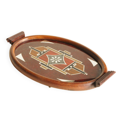 Plateau Ancien Ovale Art Déco en Bois - Verre Bakélite - Motif Géométrique