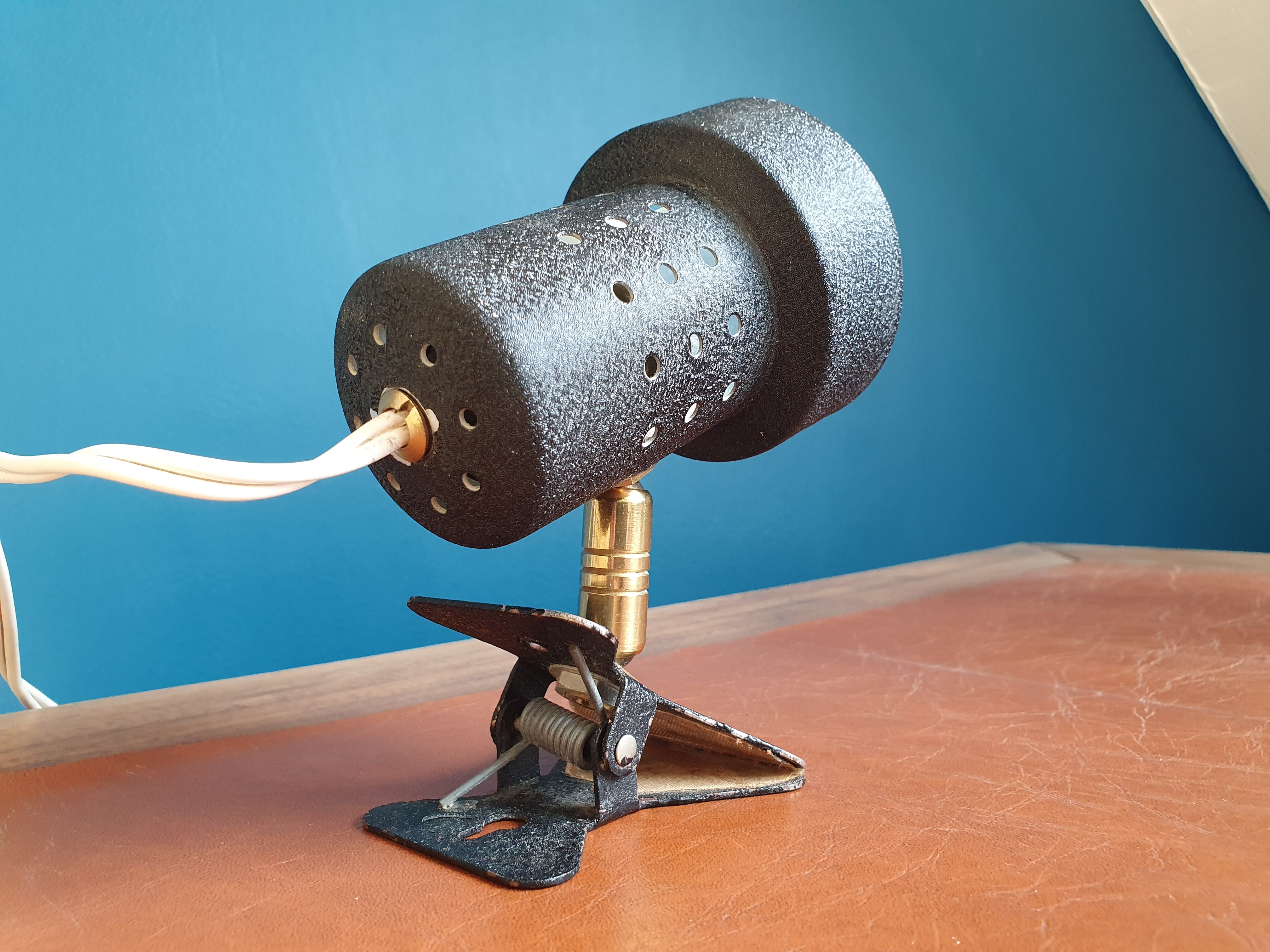 Black metal clip-on lamp articulated 70's