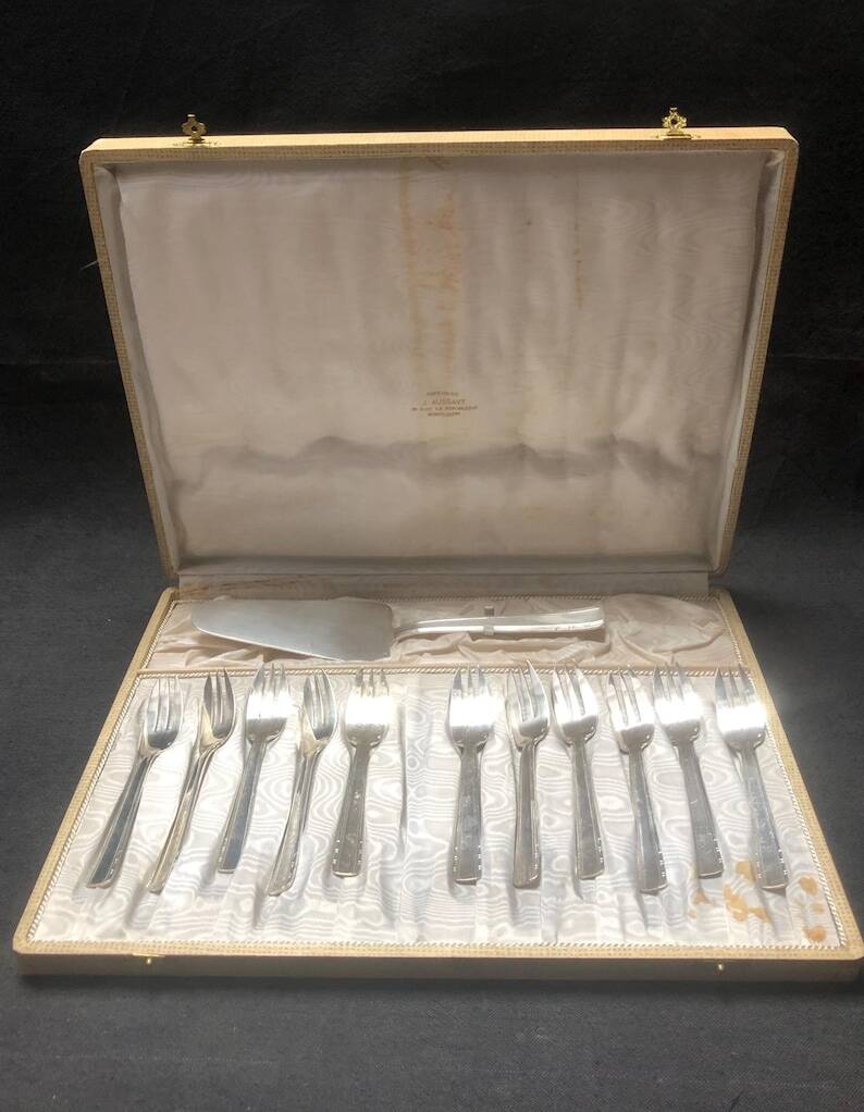 Vintage Art Deco Silver Plated Dessert Fork Set: J. Aussavy, France, 1950s