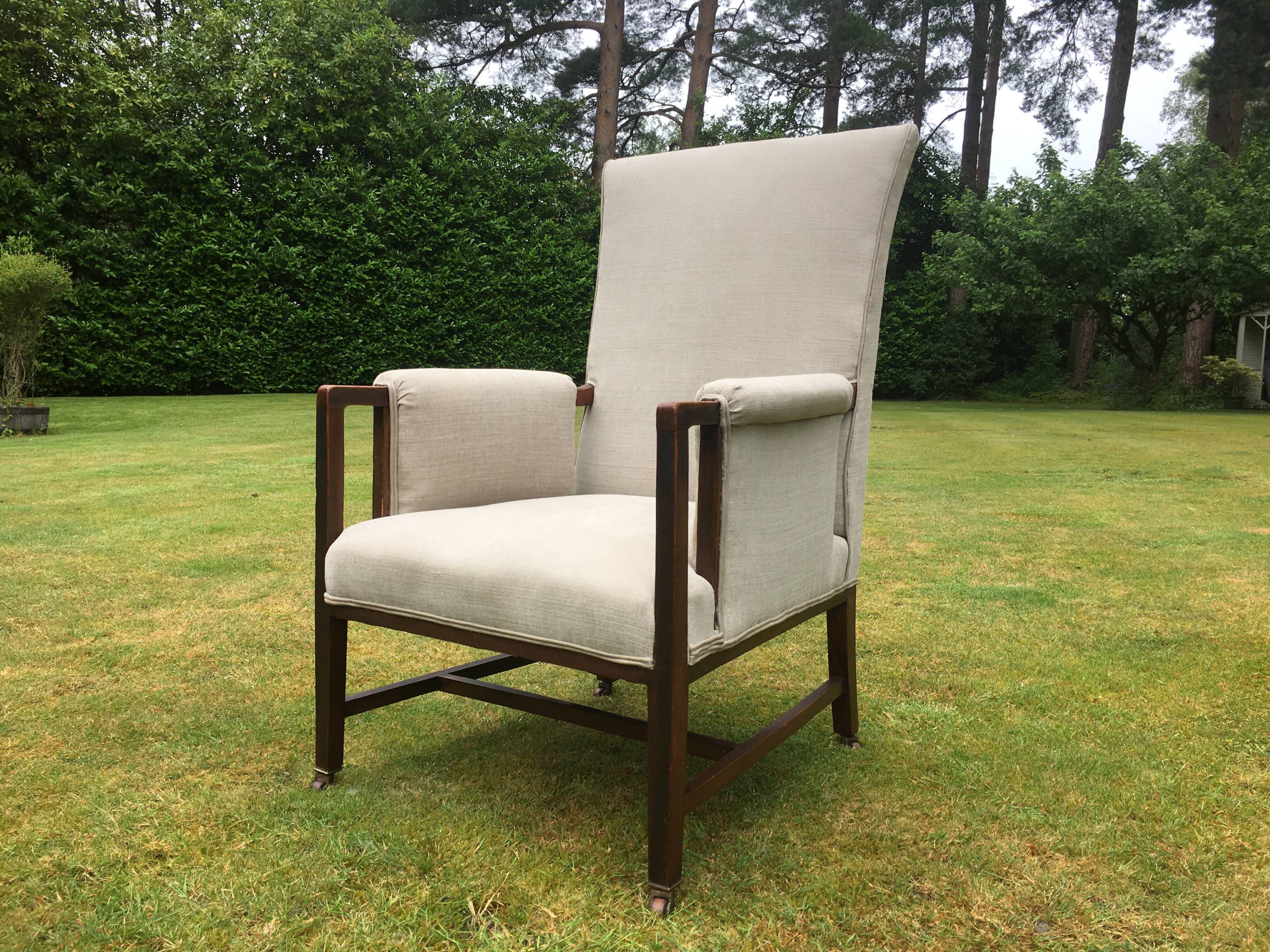 Vintage Antique Oak Reupholstered Armchair On Castors in Beige