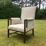 Vintage Antique Oak Reupholstered Armchair On Castors in Beige