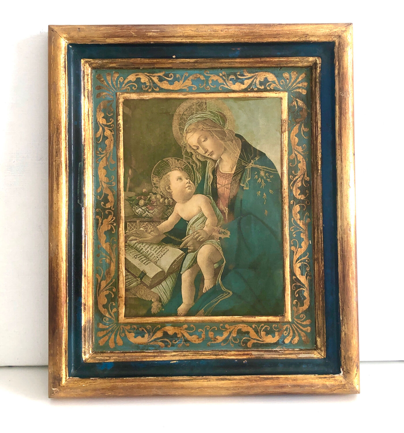 Antique Italian icon, blue and gold wood