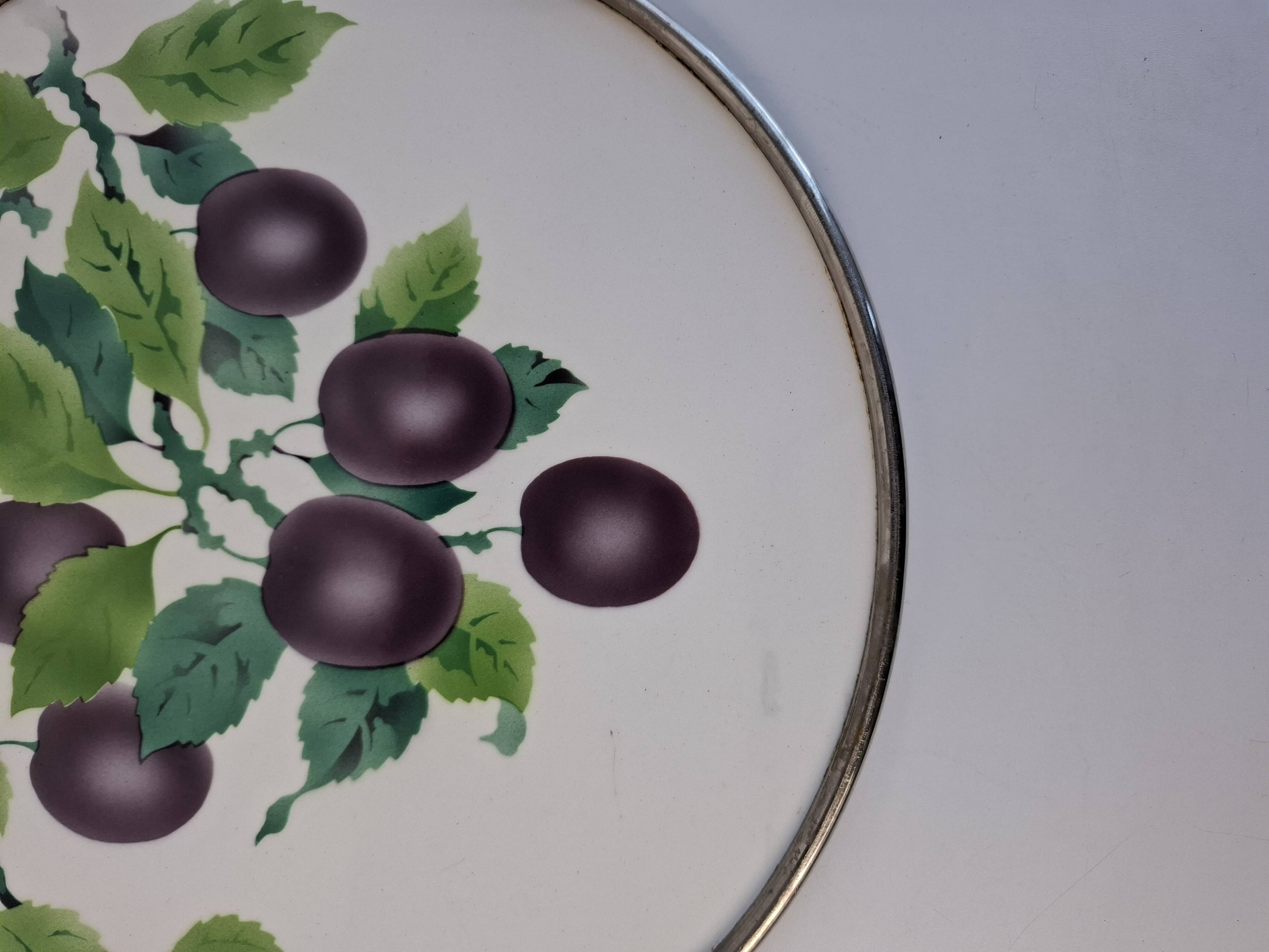 Czechoslovak Art Deco Porcelain Tray with Plum Motif and Metal Rim, 1930s