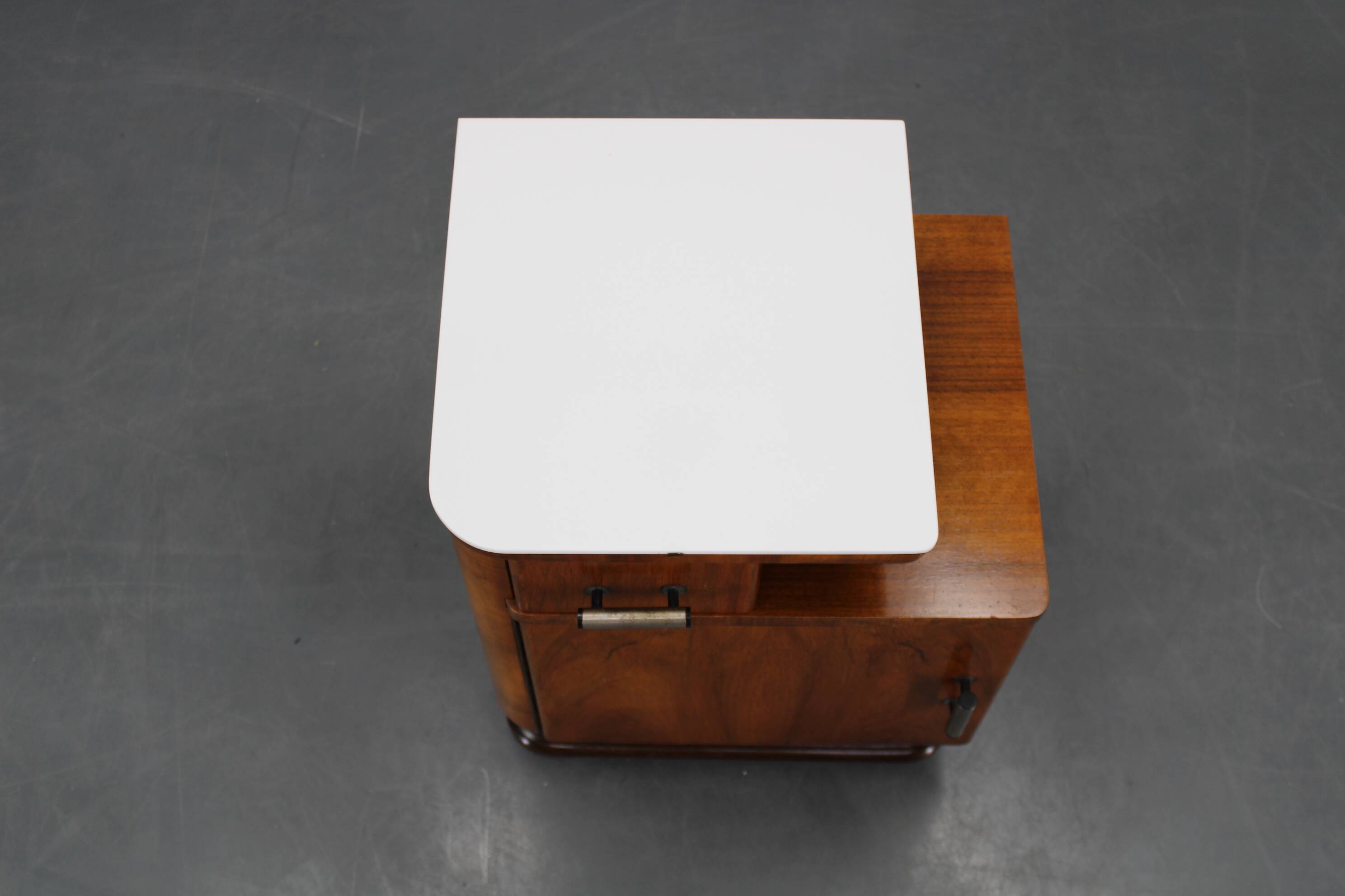 1940s night stand in walnut finish with glass top, Czechoslovakia