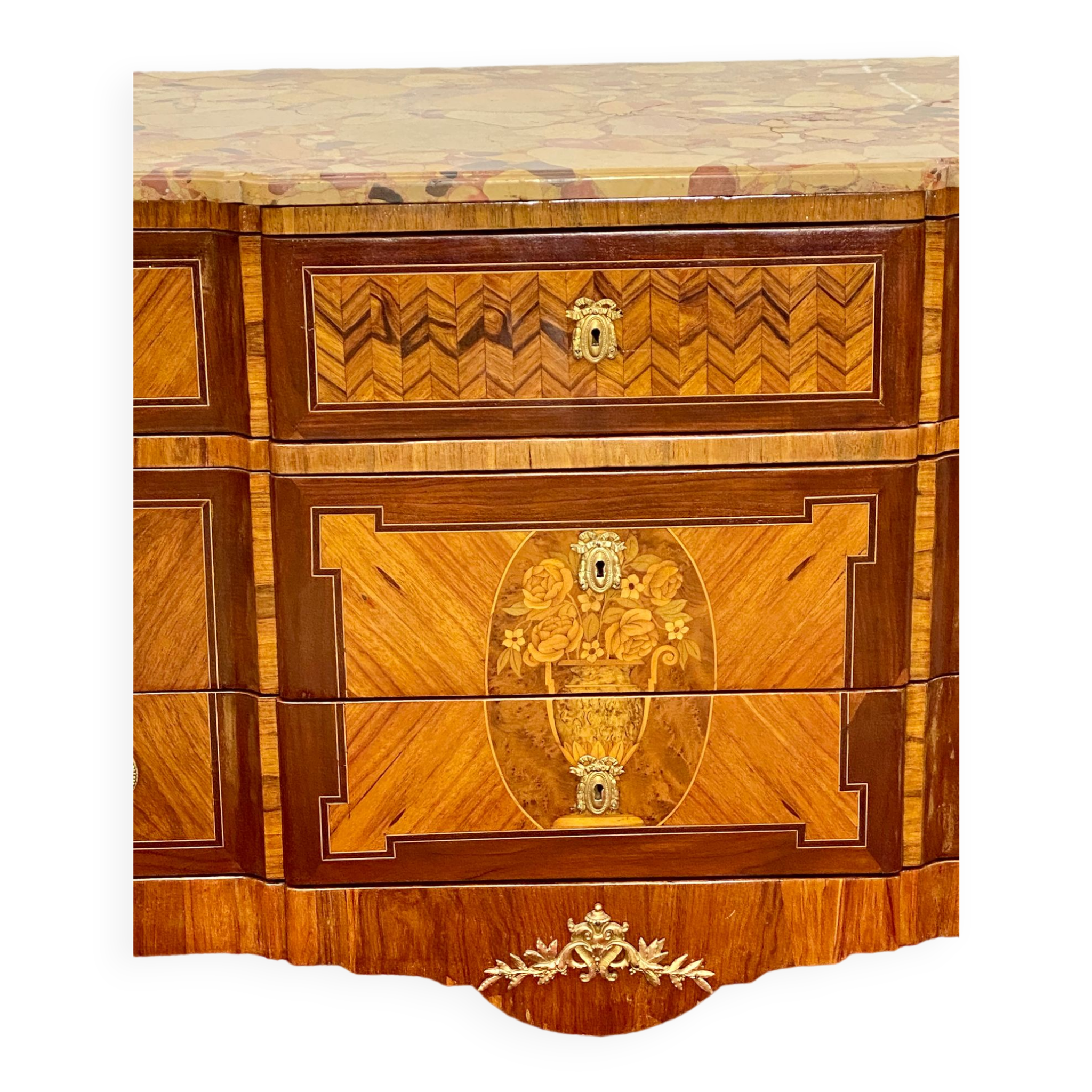 Chest of drawers Transition Style Louis XV marquetry and bronze