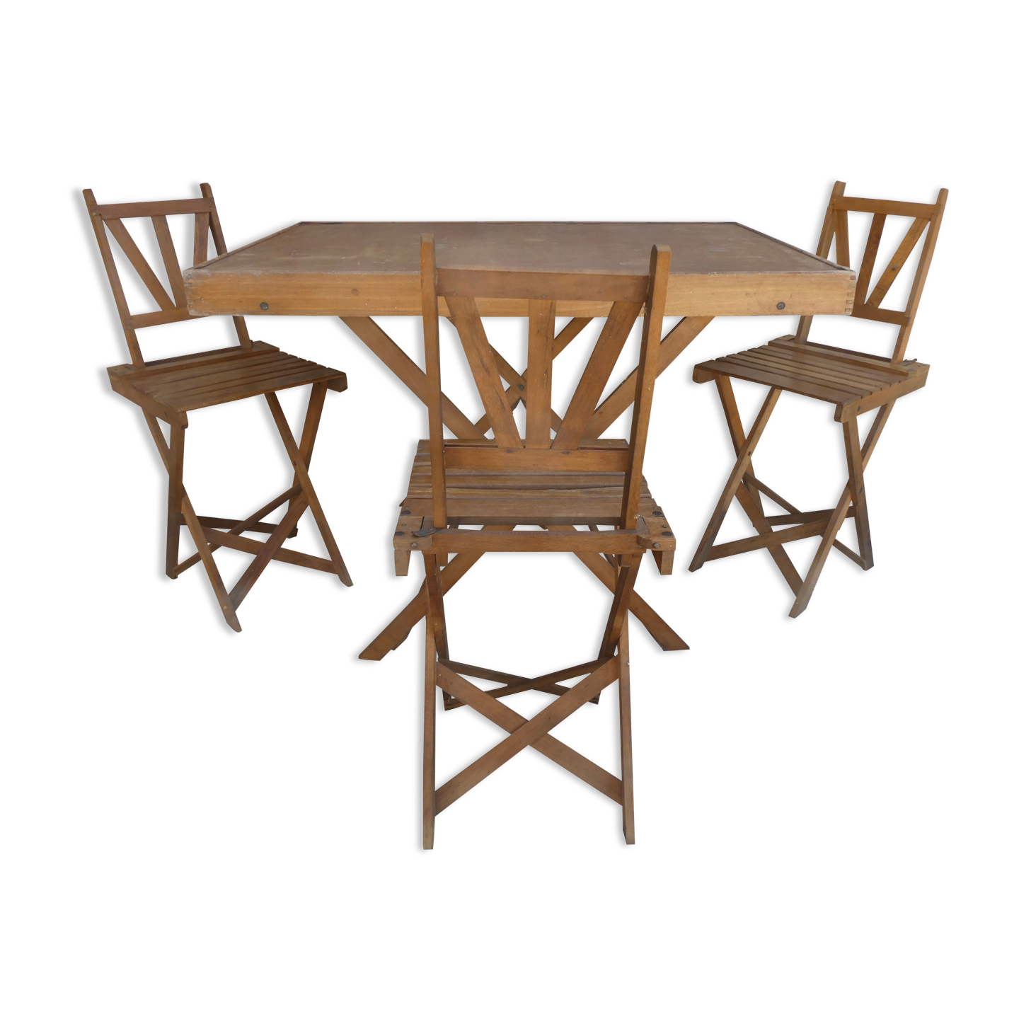 Table and its 3 folding wooden chairs for children, 50s, compactable