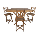 Table and its 3 folding wooden chairs for children, 50s, compactable