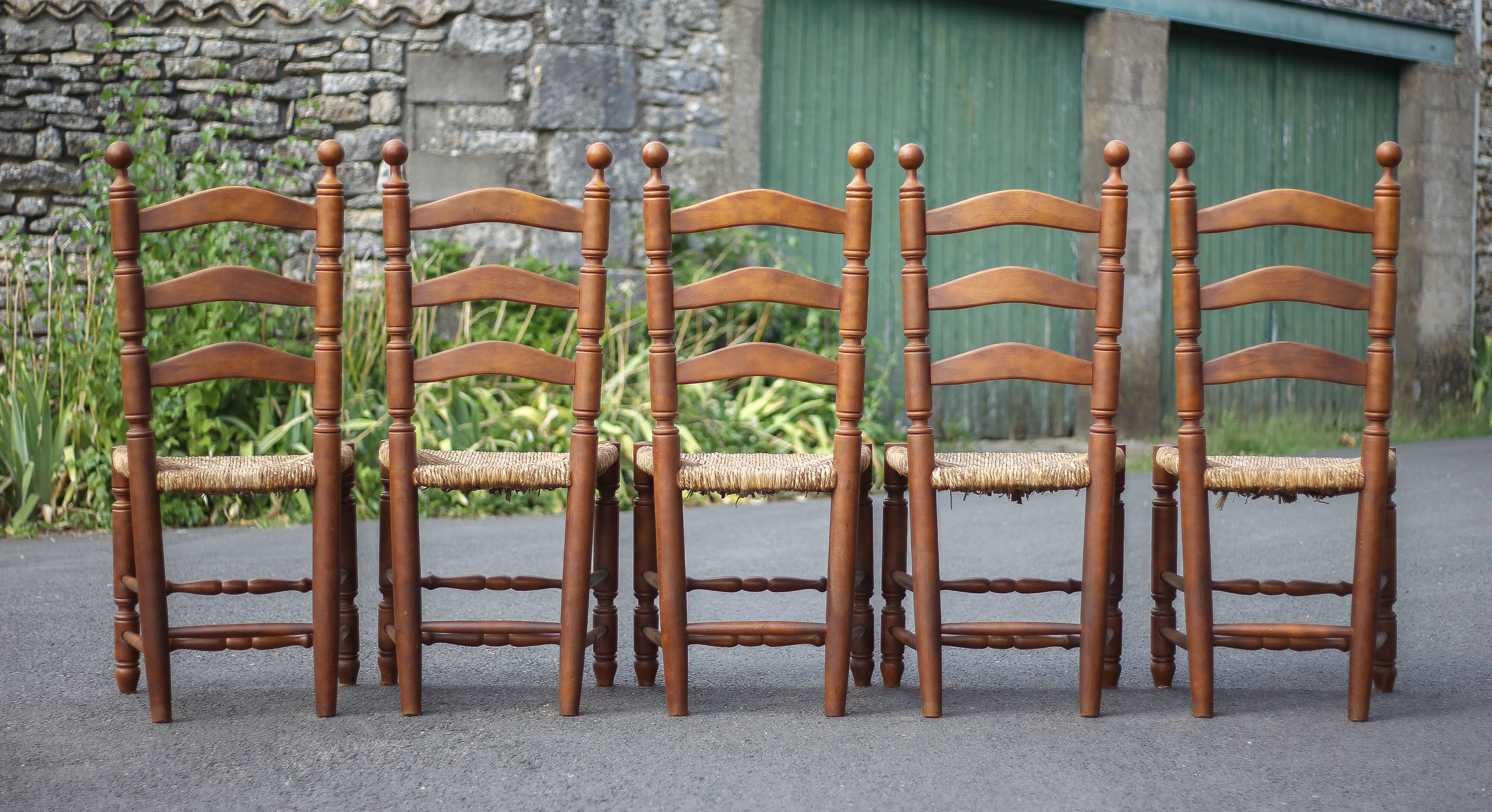 Set of 5 vintage wooden and straw chairs, straw chair, countryside