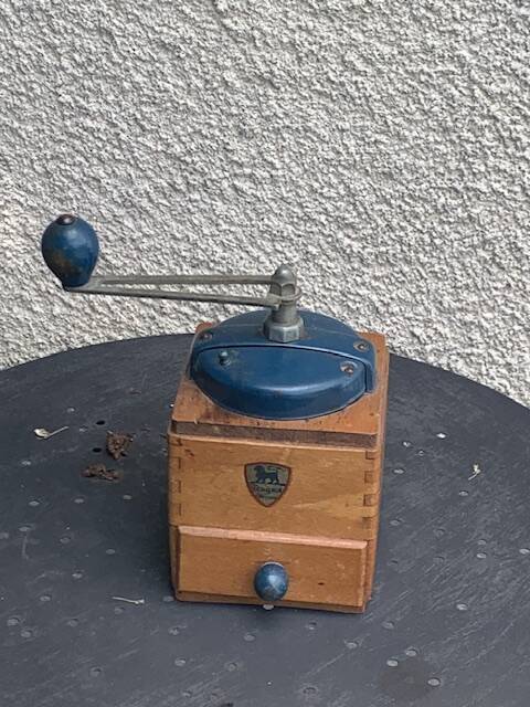 Peugeot Freres coffee grinder in wood and vintage blue metal