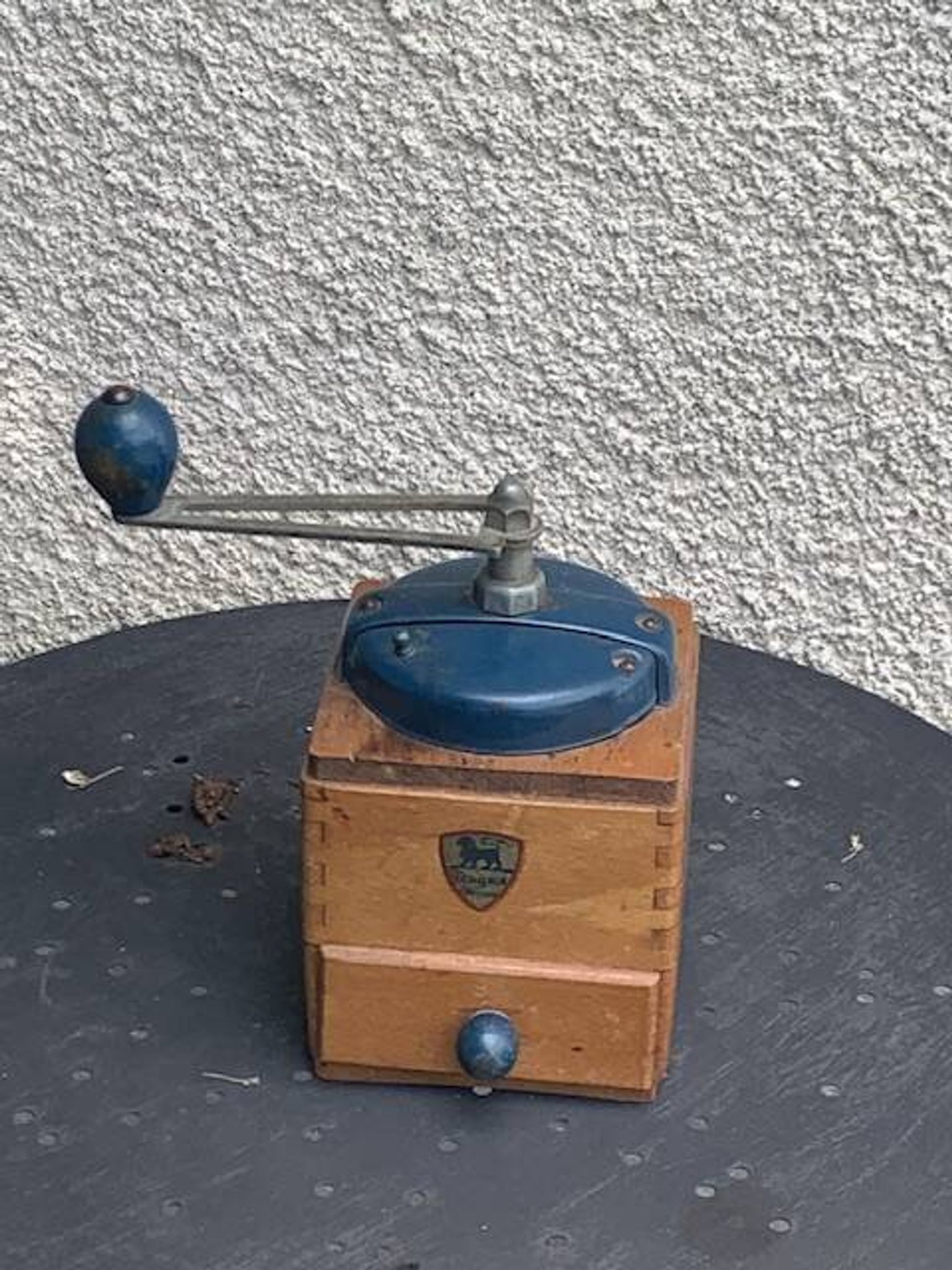 Peugeot Freres coffee grinder in wood and vintage blue metal