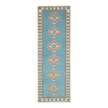 Vintage Turkish Oushak handmade wool cotton blue runner rug 97x289