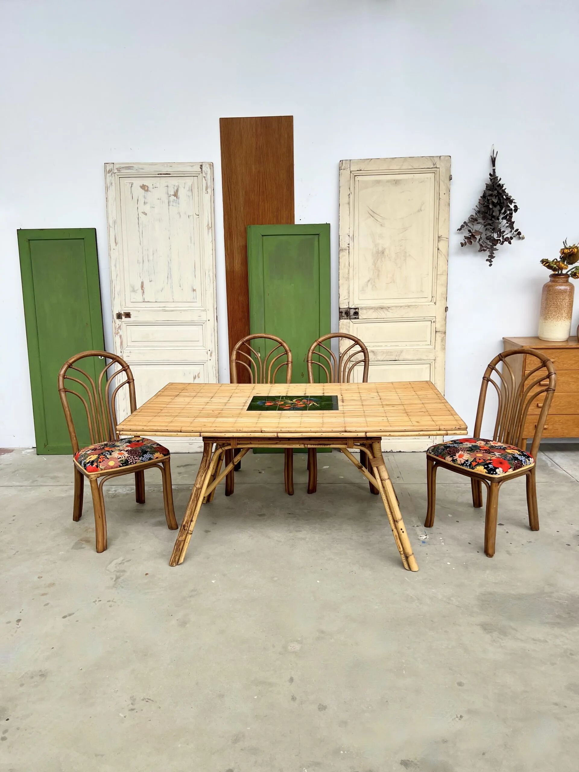 Audoux Minet bamboo rattan ceramic dining table, signed La Roue Vallauris