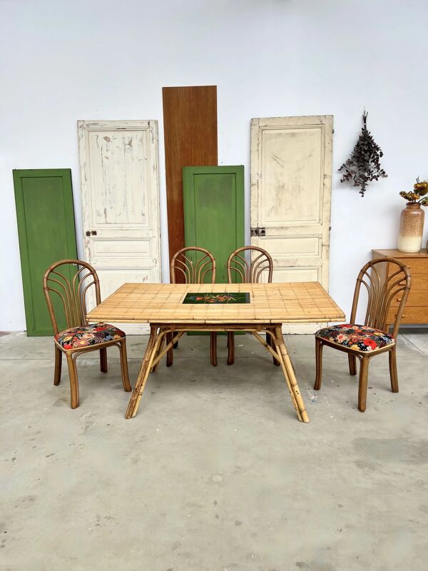 Table à manger Audoux Minet bambou rotin céramique signée La Roue Vallauris