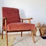 Vintage Scandinavian armchair from the 50s/60s – tapered legs, wood & velvet