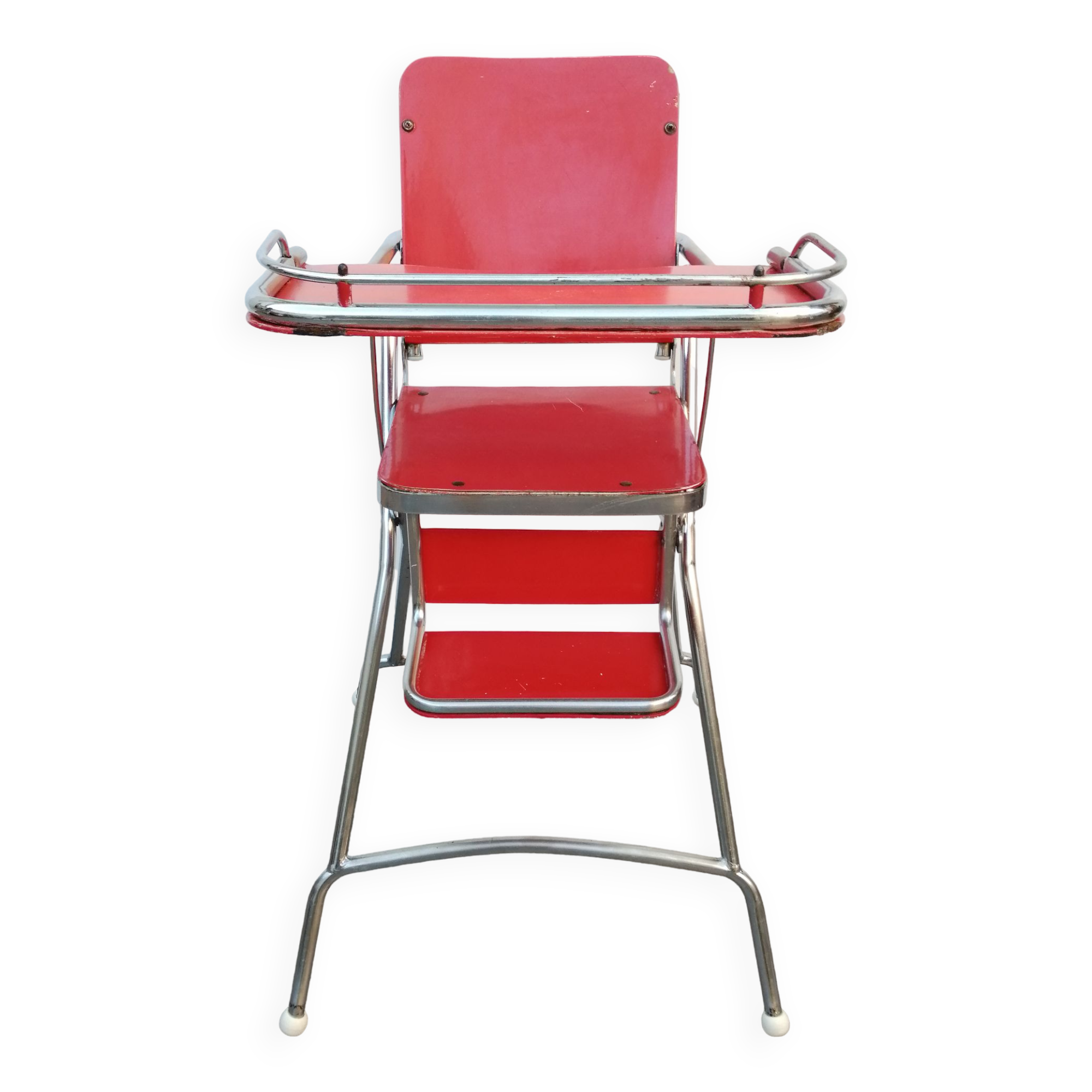 Chaise haute baby flash 1960 chromé et bois rouge