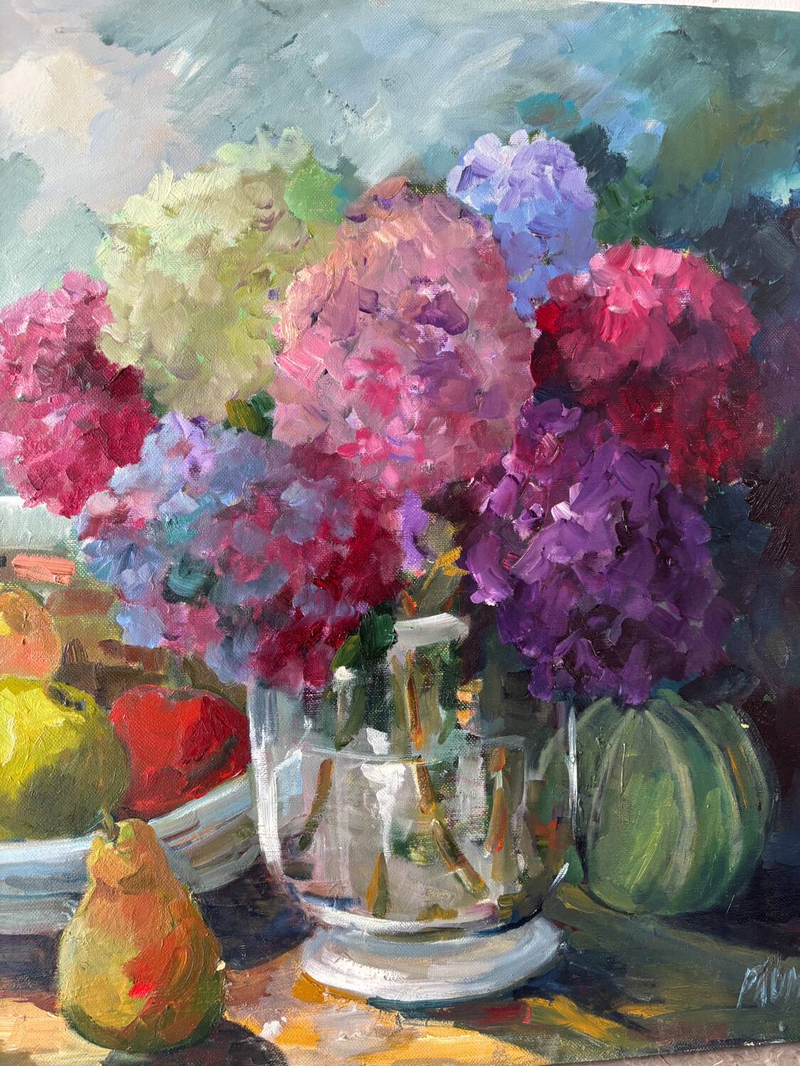 Oil on canvas "Hydrangeas and fruits" signed Paumier.