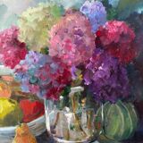 Oil on canvas "Hydrangeas and fruits" signed Paumier.