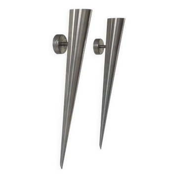 Pair of vintage XL wall lights, brushed curved metal, France 1980