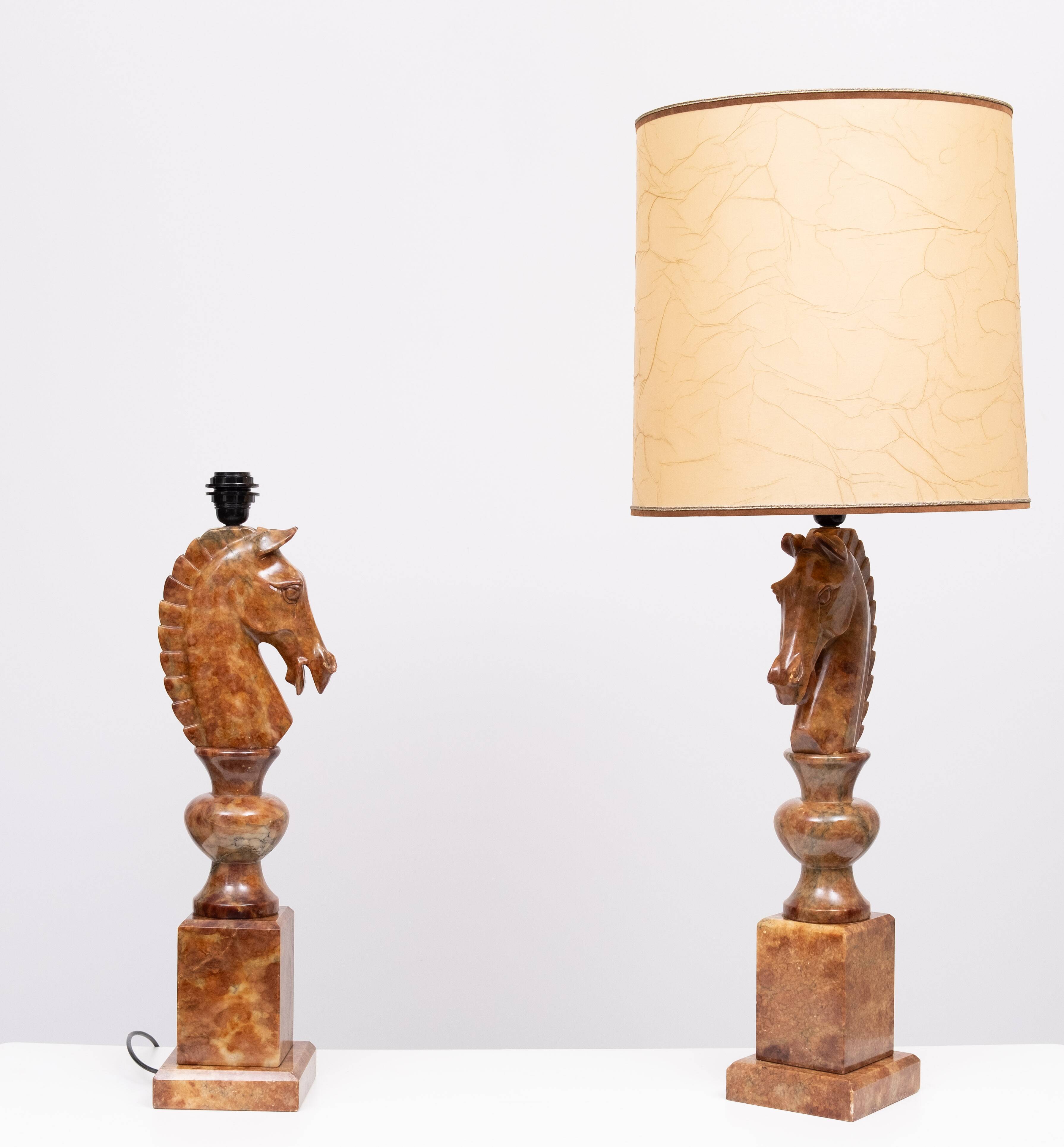 Large Horse Head Chess Knights Lamp in Carved Alabaster, taly, 1960s, Set of 2
