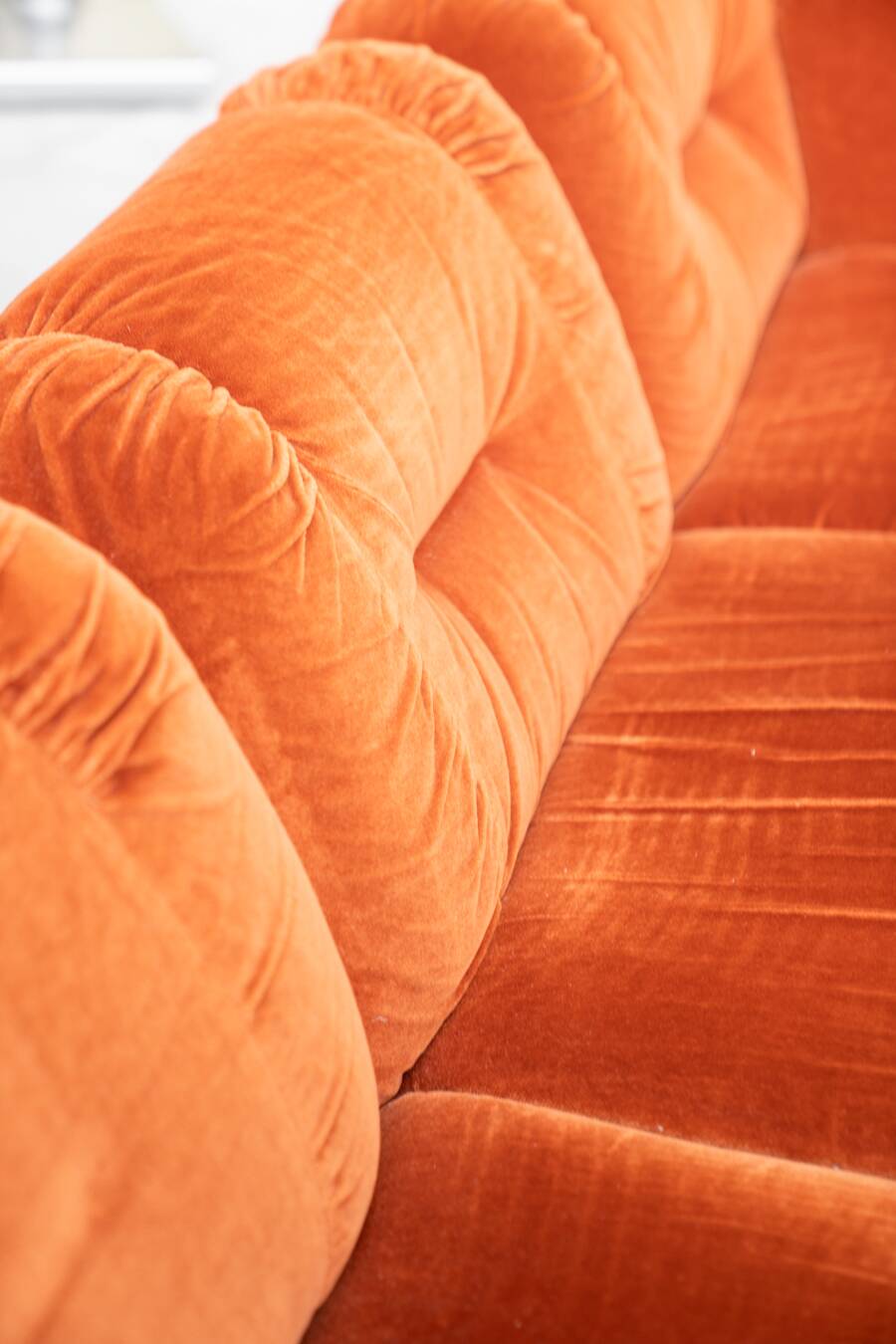 Orange chenille sofas, two and three seats, set of 2, 1970s