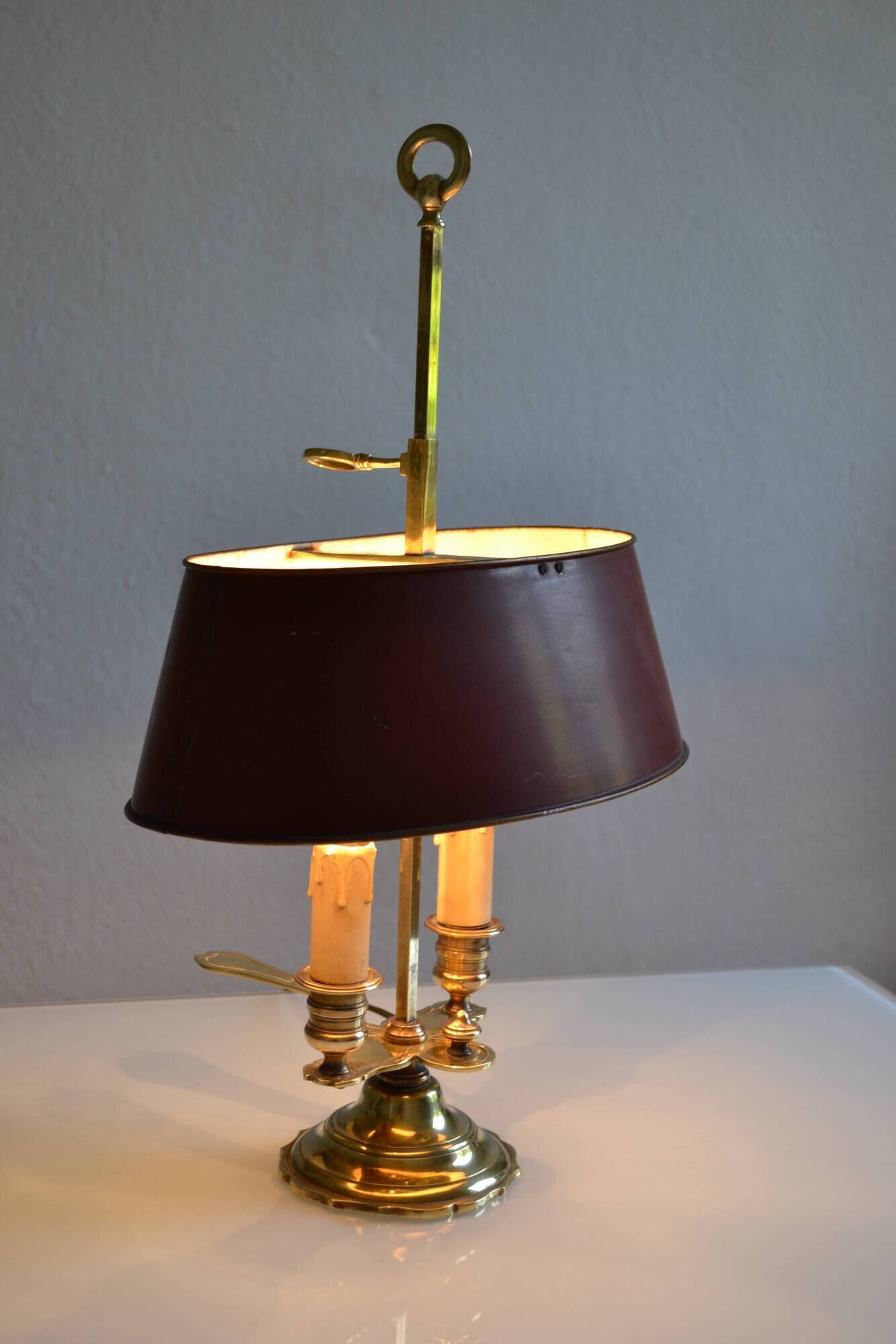 hot water bottle lamp with 2 bronze lights and burgundy sheet metal lampshade