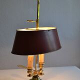 hot water bottle lamp with 2 bronze lights and burgundy sheet metal lampshade