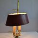 hot water bottle lamp with 2 bronze lights and burgundy sheet metal lampshade