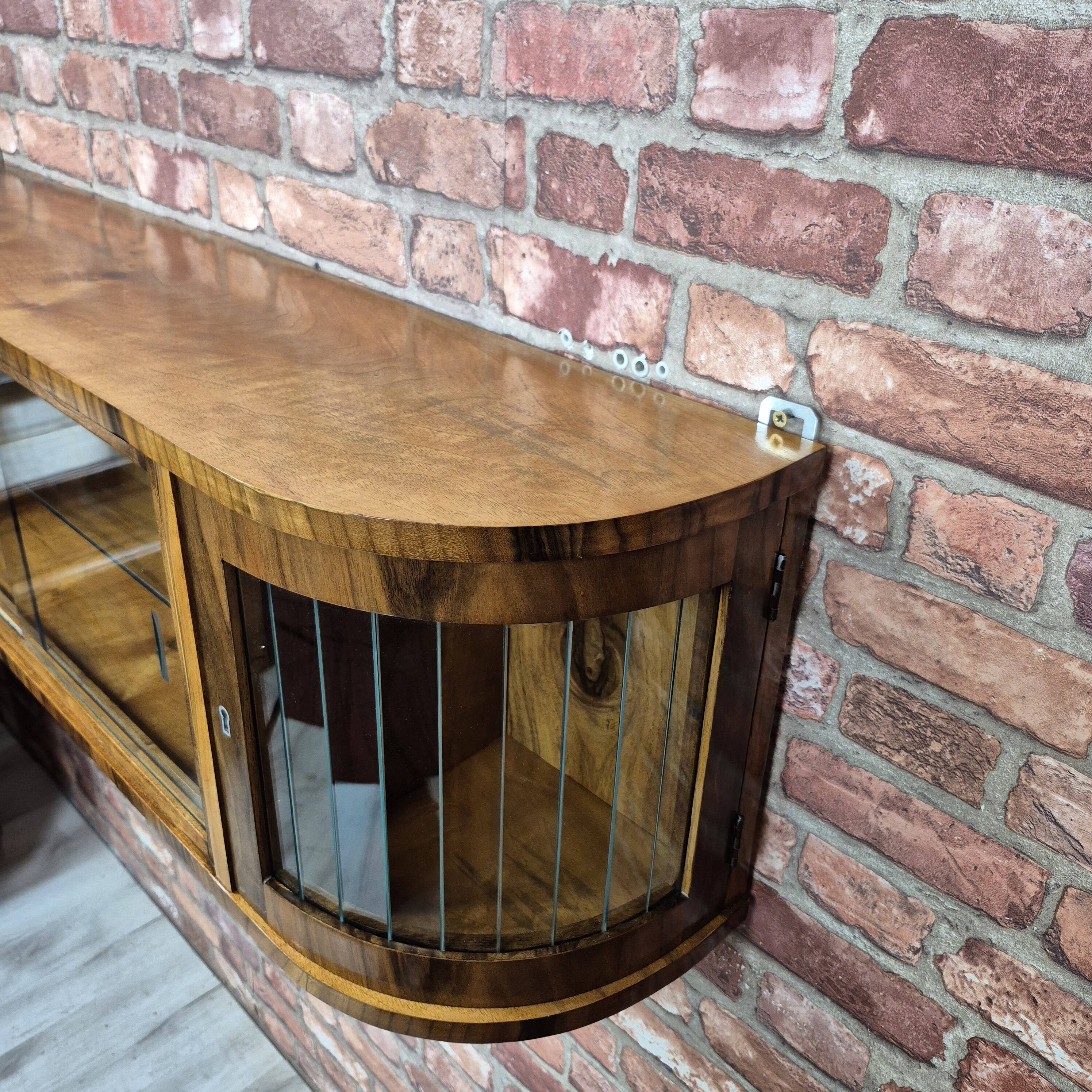 Rare 3-Zone Art Deco Walnut Wall Display Cabinet with Slatted Glass Doors