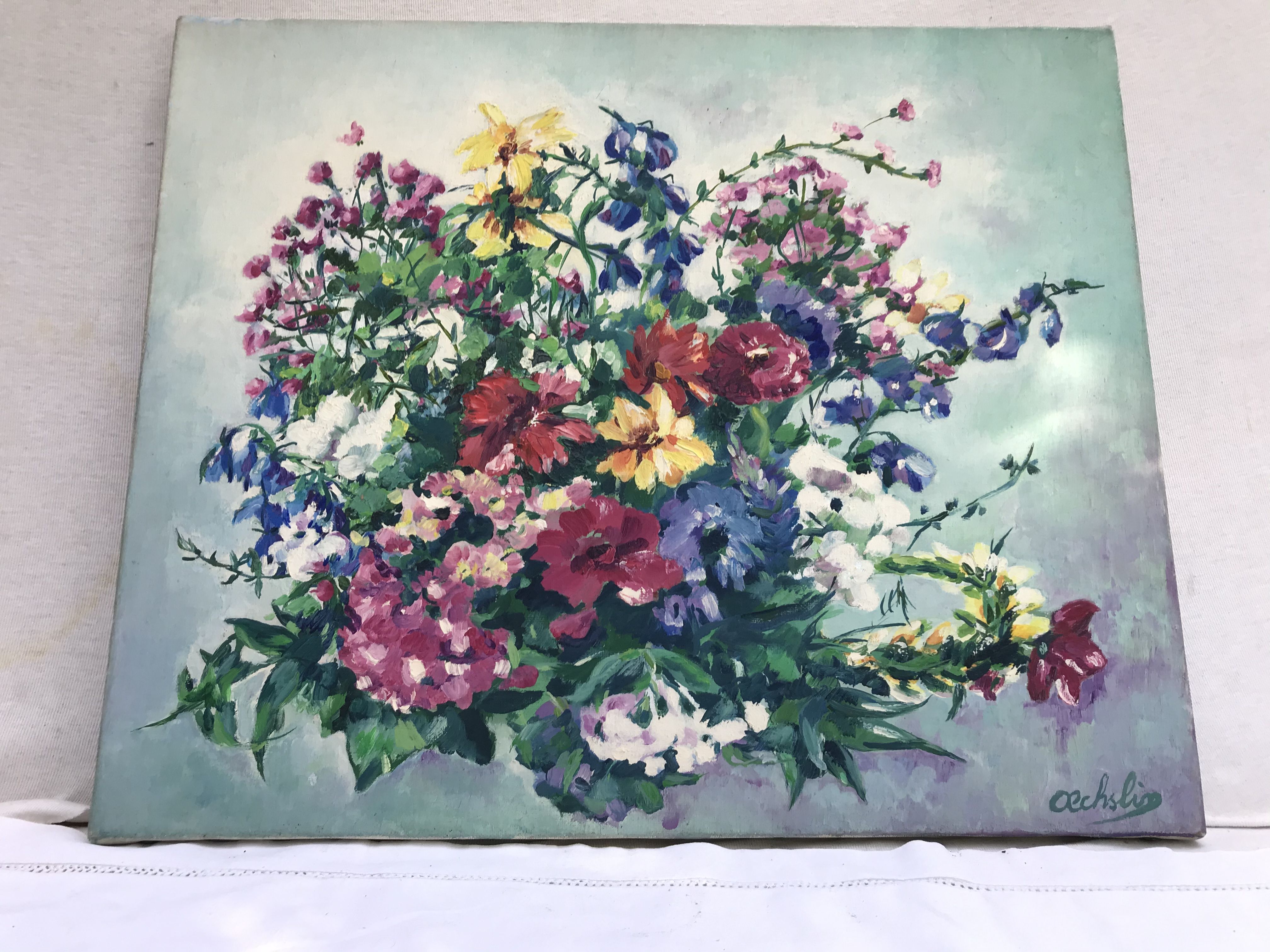 Painting painting oil on canvas Oechslin "bouquet de fleurs" vintage