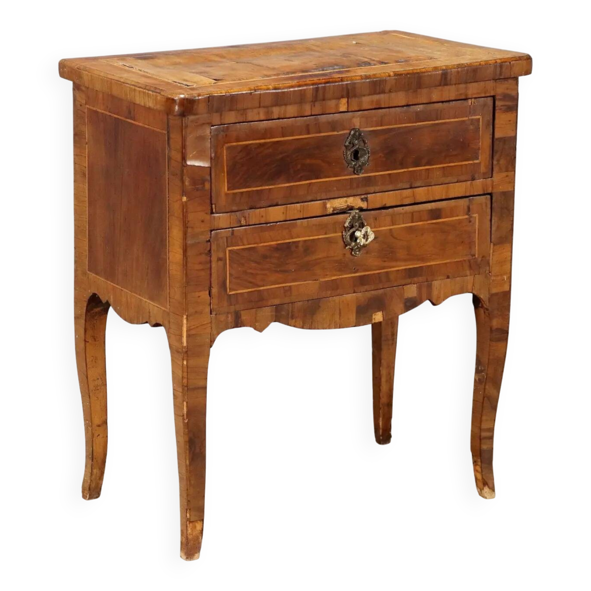 Antique baroque bedside table in walnut and maple, Italy, 18th century.