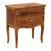 Antique baroque bedside table in walnut and maple, Italy, 18th century.