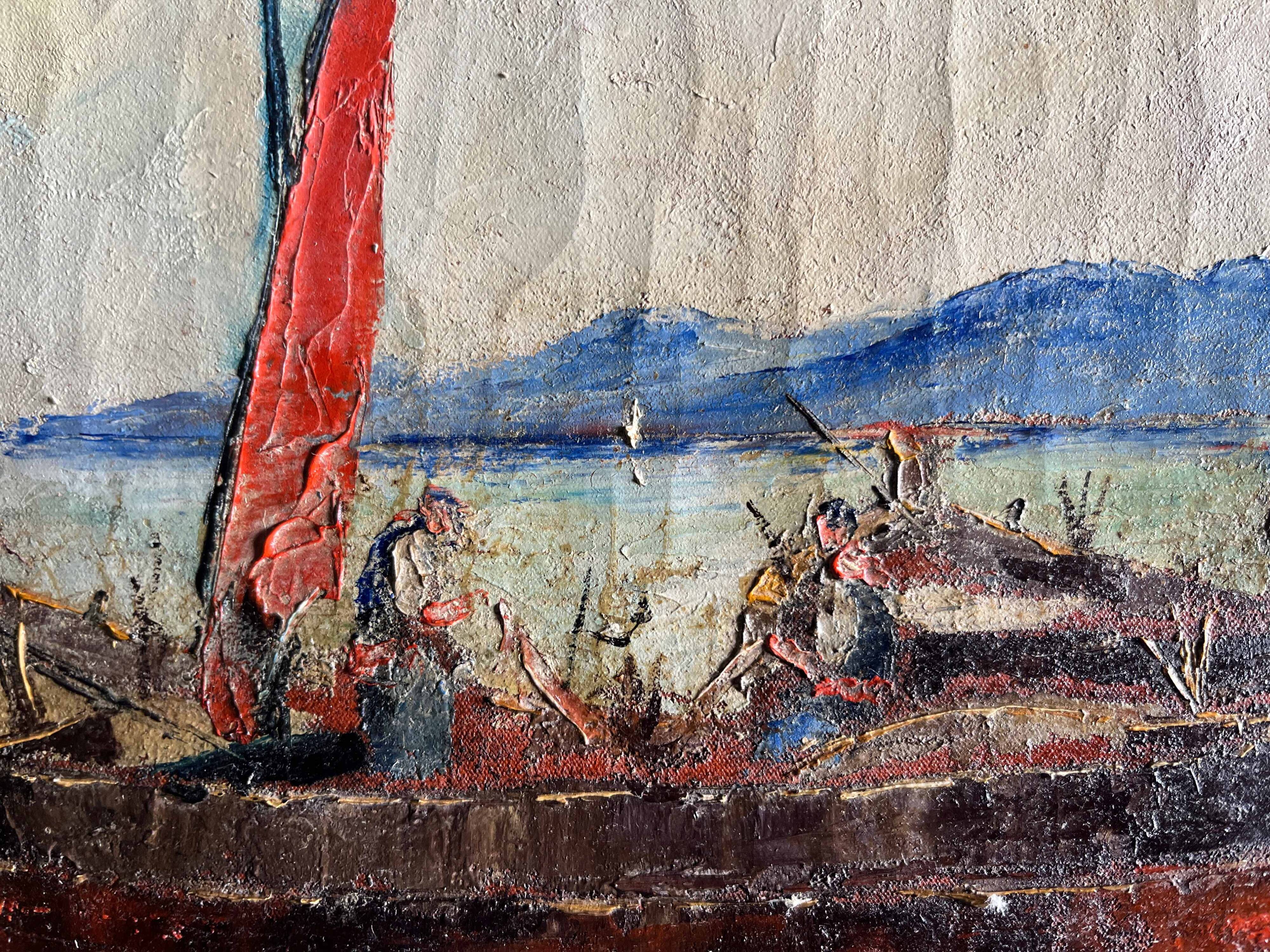 Tableau HST Jean Corniche (1943) Le Port avec bateau de pêcheur - St Tropez