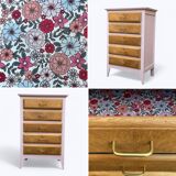 Vintage powder pink compass leg chest of drawers from the 1950s