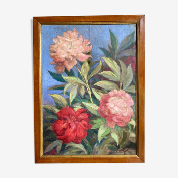 Ancient painting, still life with peonies signed Henri Laffite