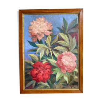 Ancient painting, still life with peonies signed Henri Laffite