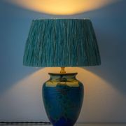 Art Deco Japonisme ceramic table lamp, 1928, new silk sari ribbon lampshade.
