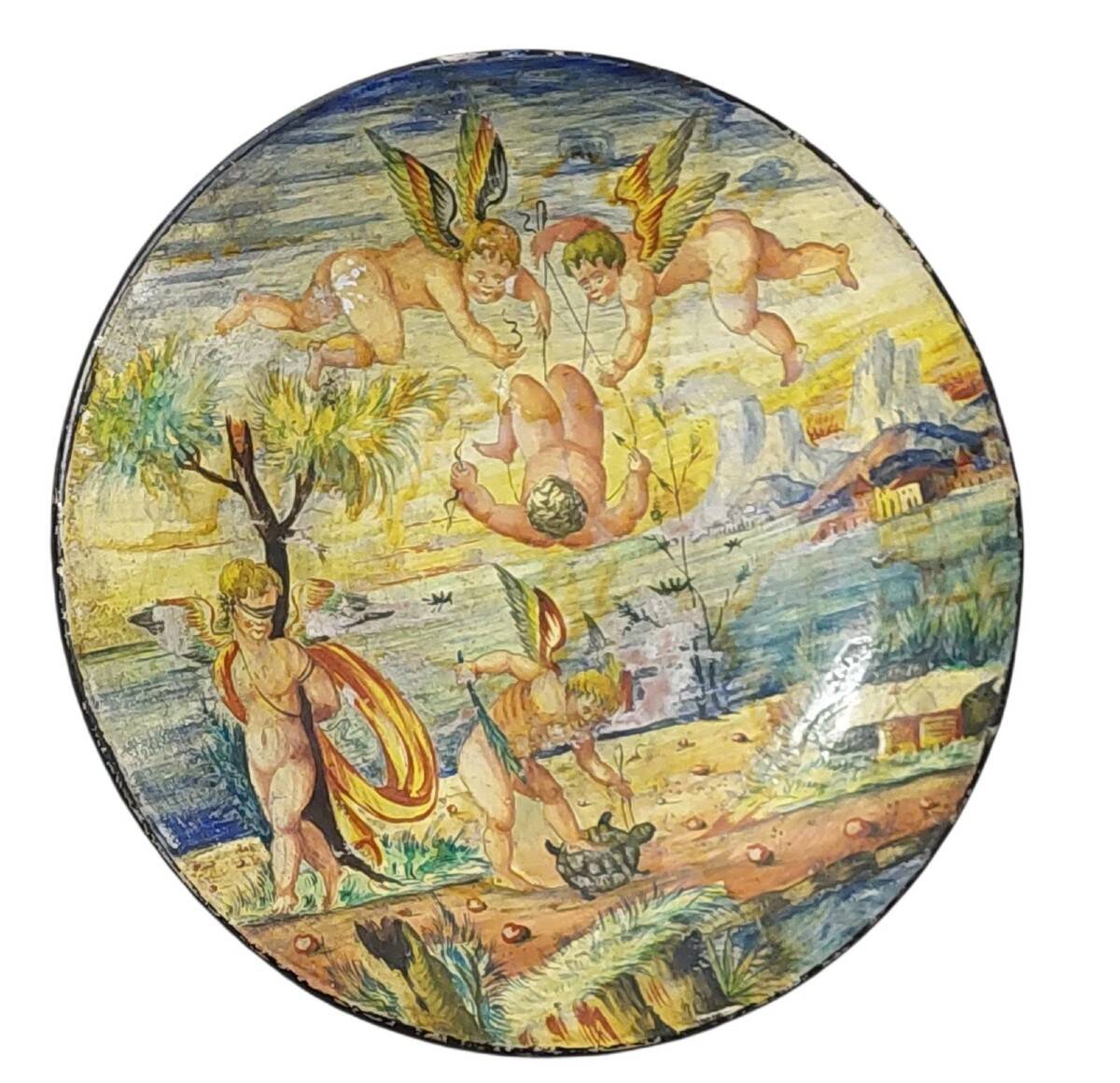 Antique cold-painted Cupino plate, late 19th century, Italy, majolica