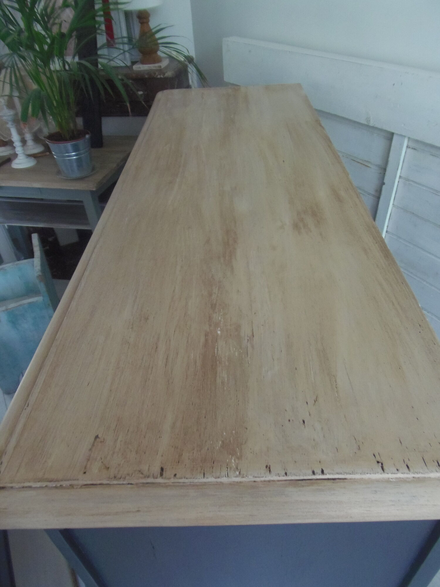 Old oak buffet style Louis XV patinated gray slate waxed wood tray