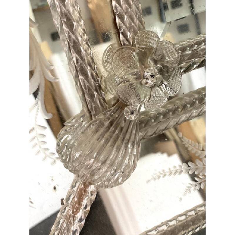 Venetian Rectangular Floreal Hand-Carving Wall Mirror in Murano Glass Style