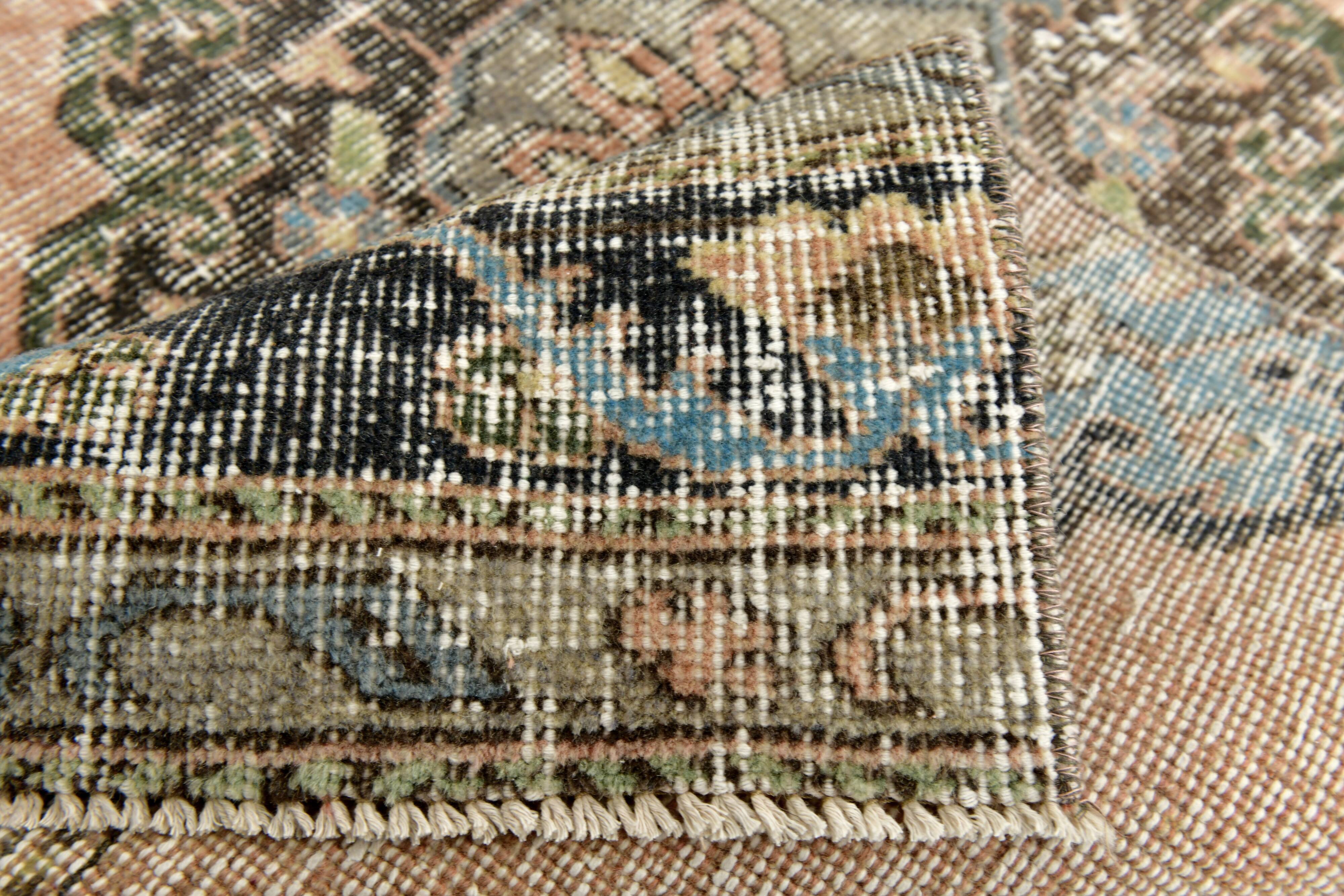 3x12 Salmon & Blue Turkish Vintage Runner Rug, Antique Rugs For Hallway