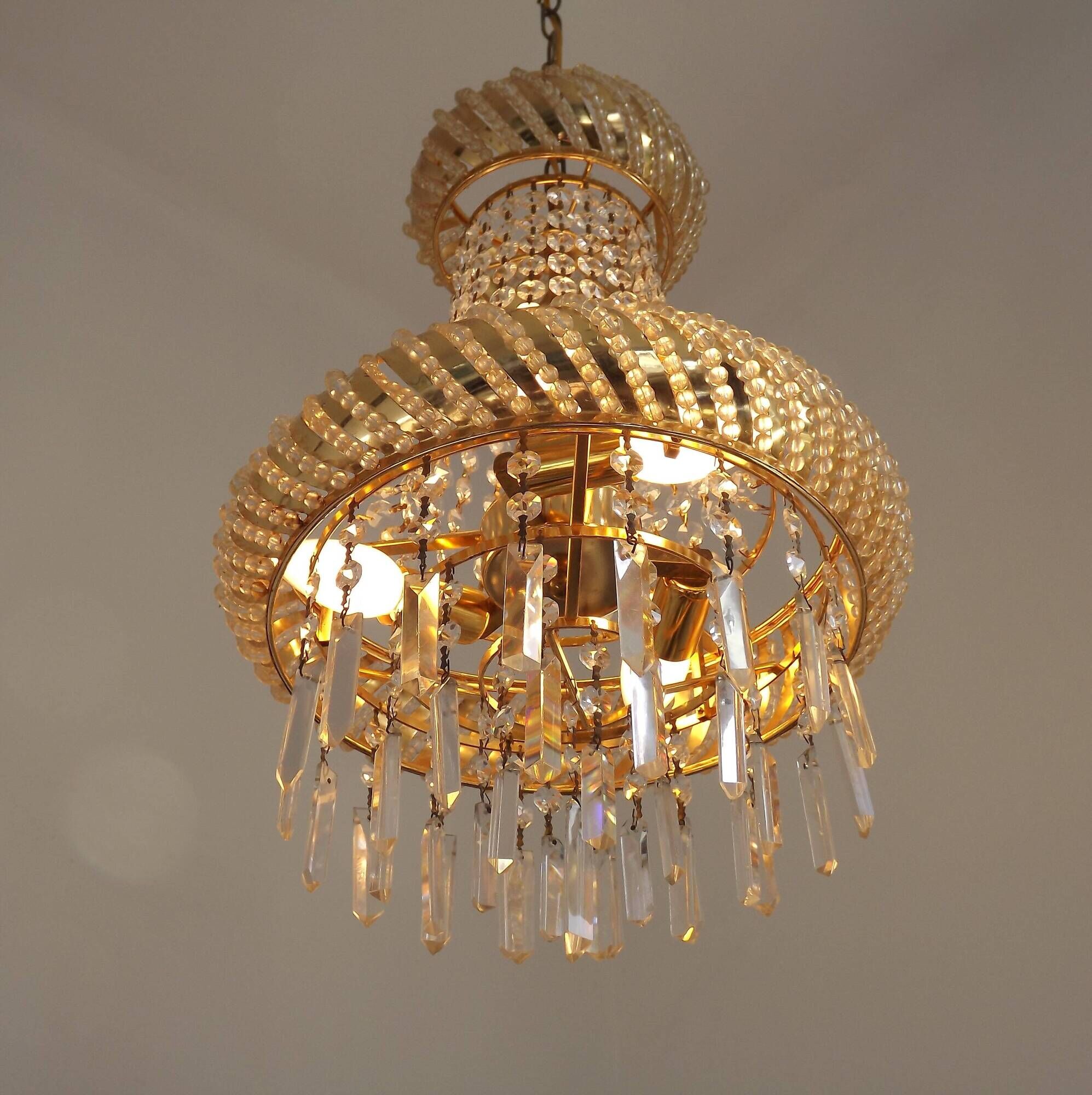 Vintage Gold Metal 5-Light Chandelier – Crystal Beads & Glass Prisms