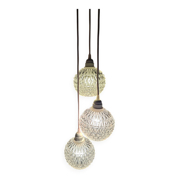 Suspension cascade 3 globes en verre ciselé vintage et fil rose